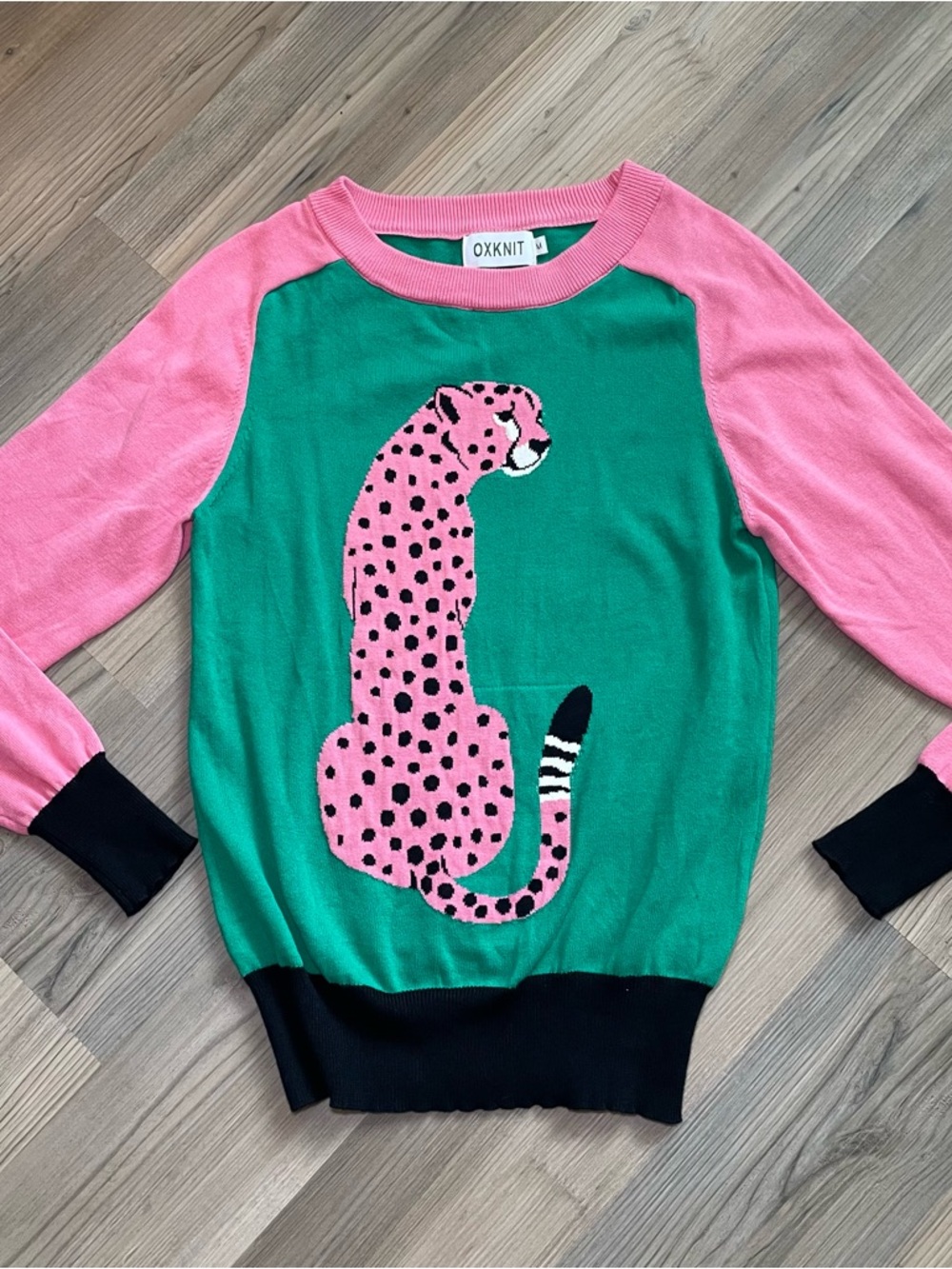 OXKNIT Green, Black & Pink Leopard Sweater Size Medium